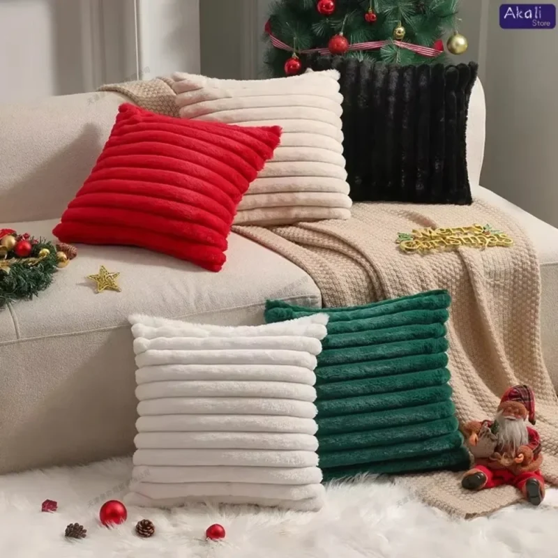 Faux Rabbit Fur Striped Cushion Cover | Fluffy Plush Pillow