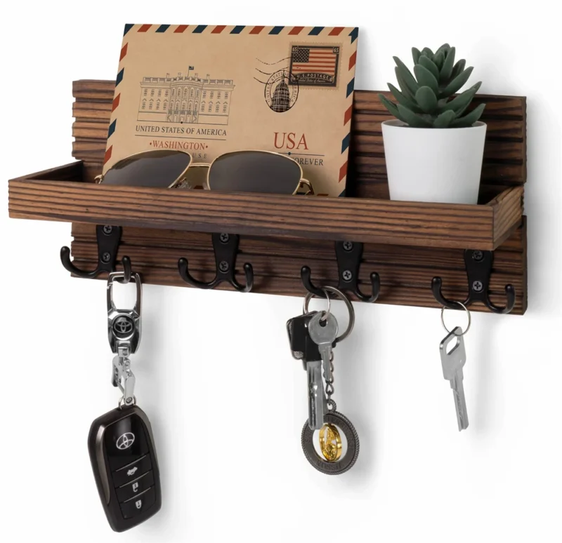 Rustic Wooden Wall Key Holder & Mail Organizer with 4 Hooks