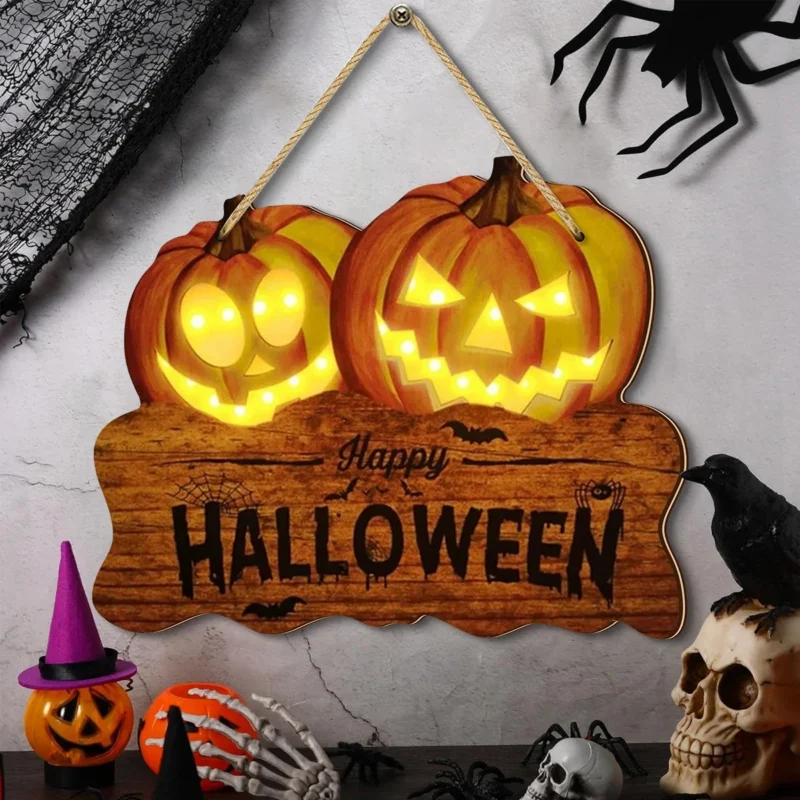 Halloween Wooden Sign with Lit Jack-O'-Lantern Pumpkin Lanterns
