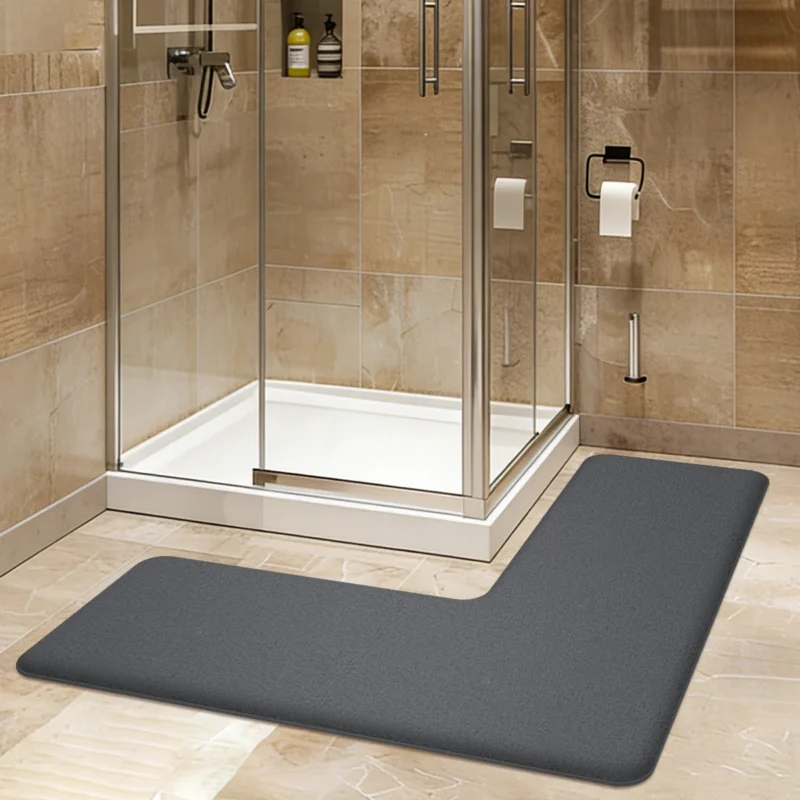 L-Shaped Plush Bathroom Mat – Large Non-Slip Shower Rug