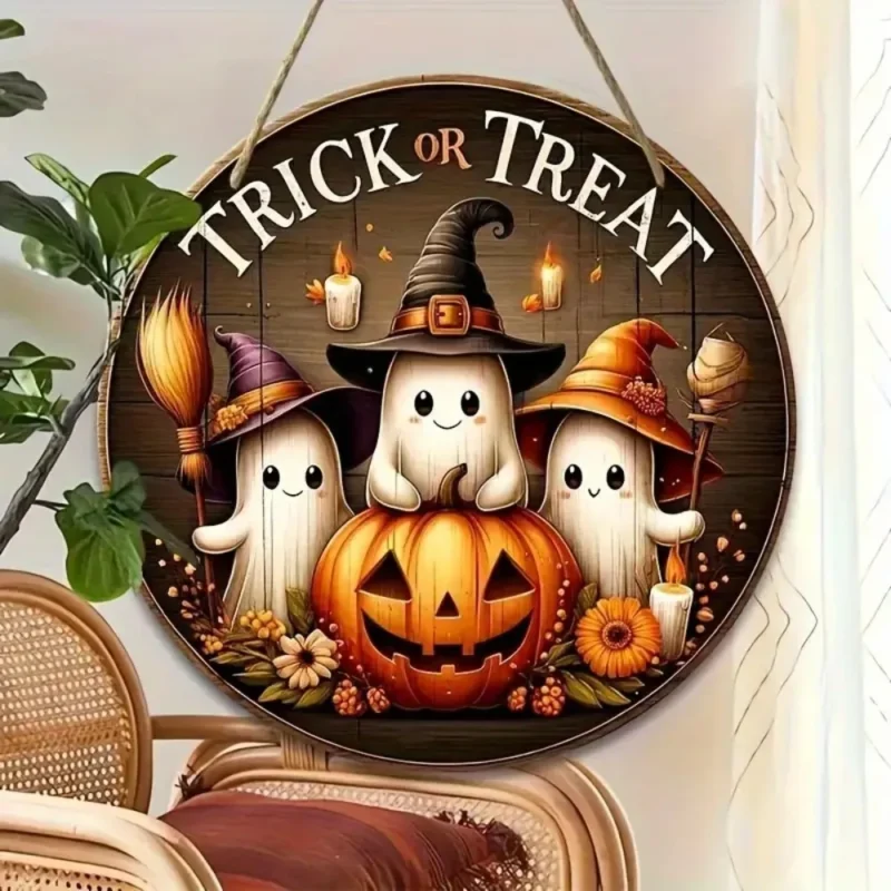 Halloween Round Wooden Sign – Ghost, Pumpkin & Witch Hat Decor