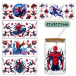 Cartoon Spider Hero UV DTF Cup Wraps Waterproof No Heat Transfer Stickers Easy Apply For 16oz Glass Can Tumbler DIY Cup Decal